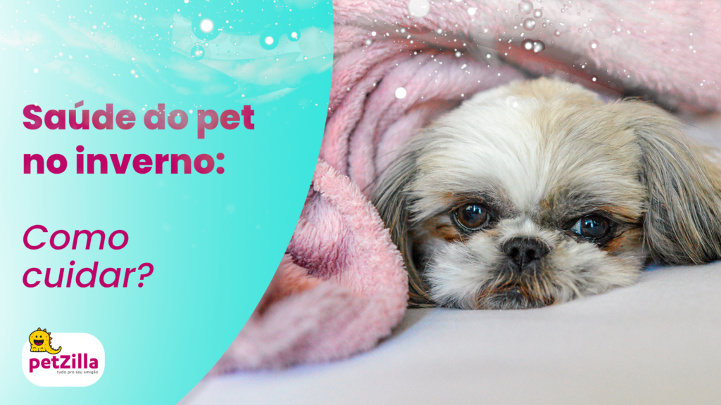 Cachorro enrolado em um cobertor rosa, comum elemento azul do lardo esquerdo contendo o seguinte texto: Saúde do pet no inverno: como cuidar?